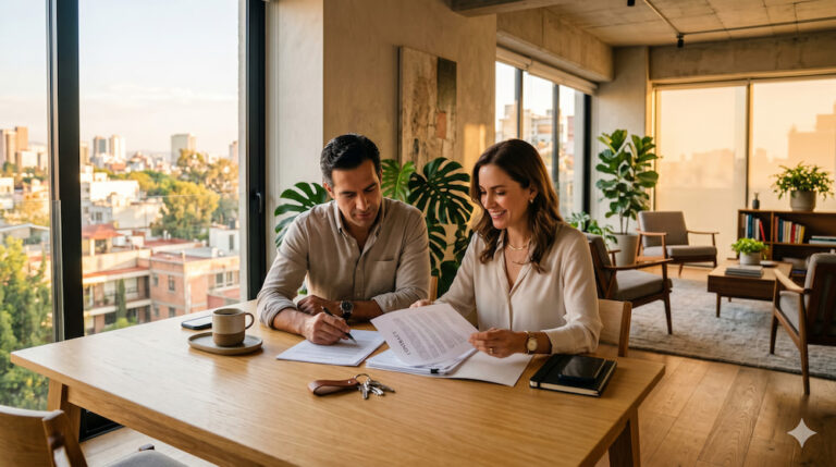 Pareja revisando los documentos y el cálculo del ISR antes de vender su departamento en la CDMX